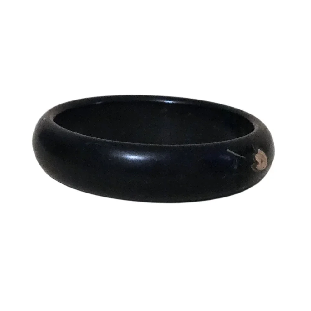 Carved Painted Flowers Black Bakelite Bangle Bracelet France signed Vtg Art Deco
